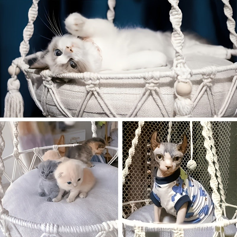 Rope Cat Hammock Hand-Woven Hanging Basket Bed for Indoor Resting, Round Pet Swing Nest in 15.75 or 11.81 Inch Diameter for Lounging
