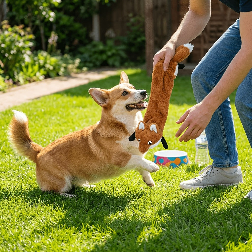 Squeaky Crinkle Dog Toys, No-Stuffing Plush Animal Toys in Brown Squirrel Single or 5-Pack Options for Supervised Puppy Fetch and Indoor Play