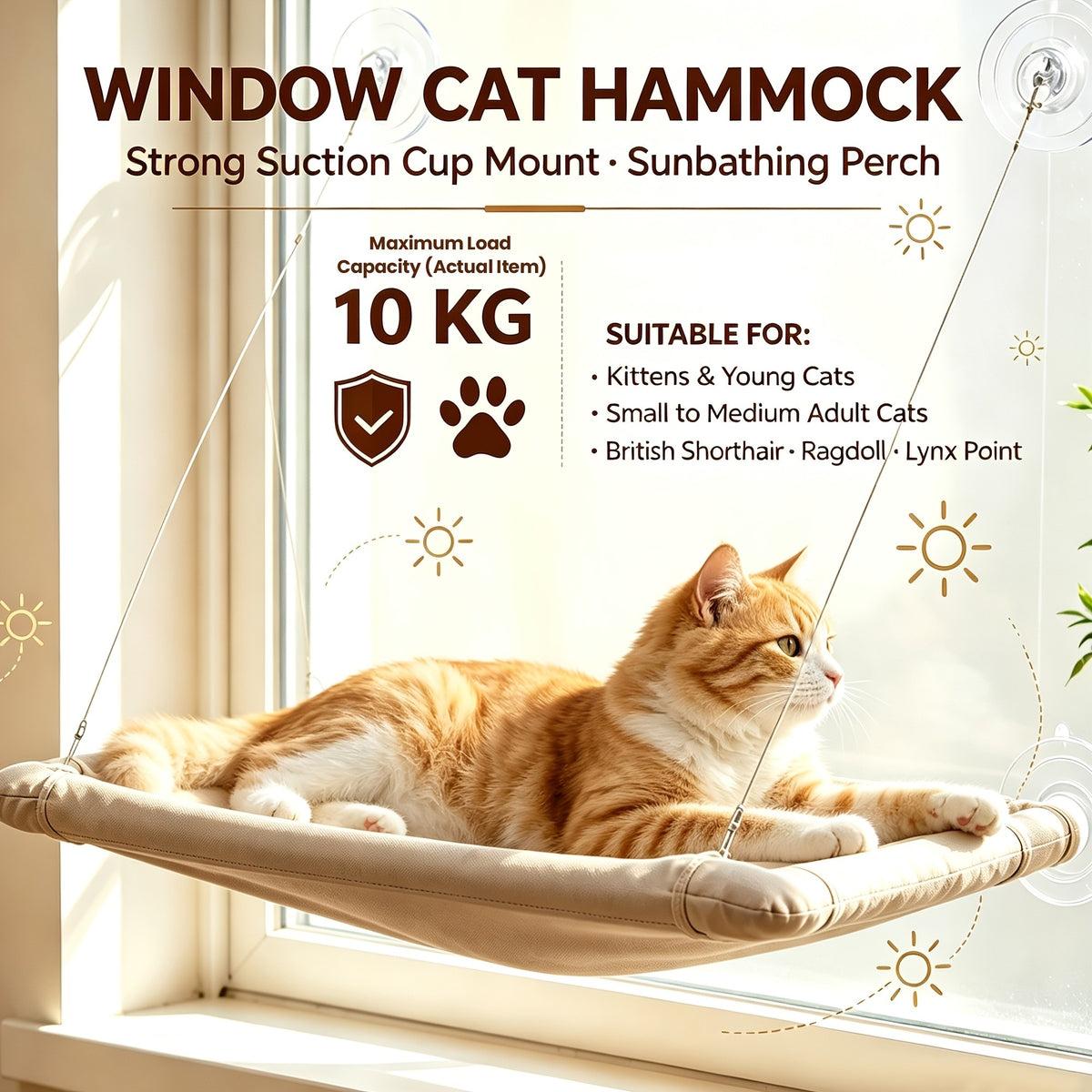 Cat Window Hammock Bed, 21.65 x 15.7 Inch Khaki Suction Cup Perch with Canvas Platform and PVC Frame for Indoor Cat Naps and Birdwatching