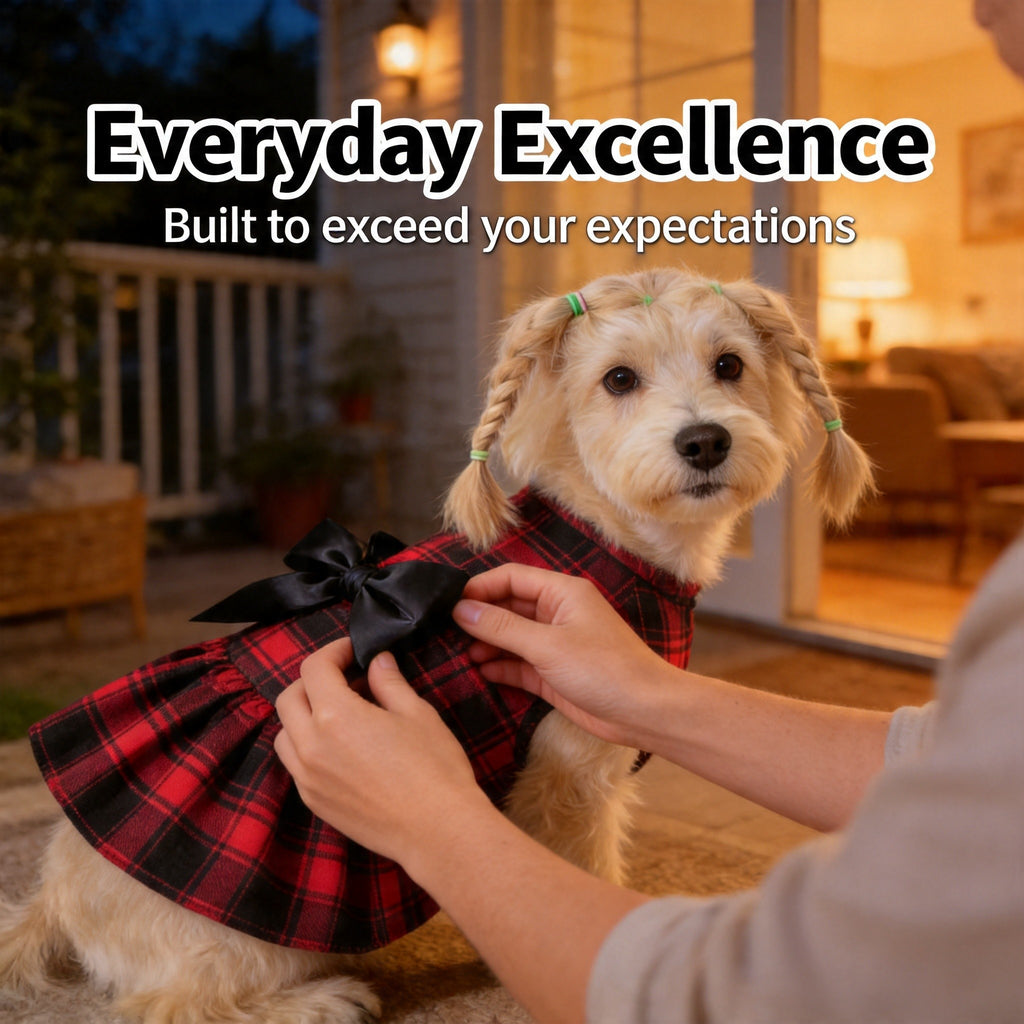 Plaid Dog Dress with Bow for Dogs and Cats, Red Academic Style Pet Outfit in XS–XXL with Random Poop Bag Dispenser and 4 Bells
