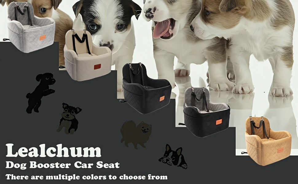 Plush Dog Car Seat with Memory Foam Cushion, Cozy Pet Travel Seat for Dogs and Cats with Side Storage Pockets and 3 Clip-On Leashes