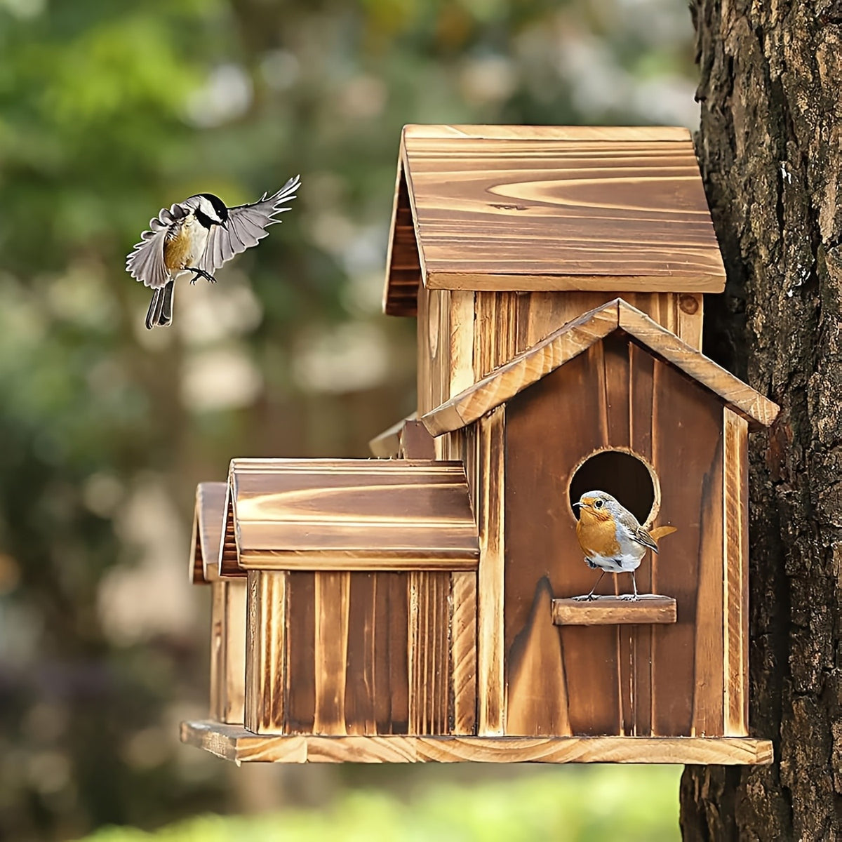 Rustic Outdoor Birdhouse in Dark Brown, Wooden Country Cottage Design with Multiple Entry Openings and Pitched Roofs for Garden and Yard Decor