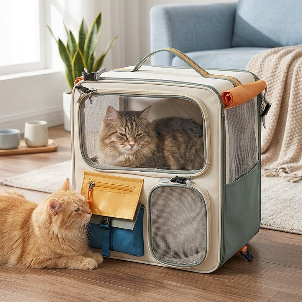 Cat Travel Backpack with Clear Viewing Window, Mesh Side Panels and Front Storage Pockets, Portable Pet Carrier in Green or Brown for Outings