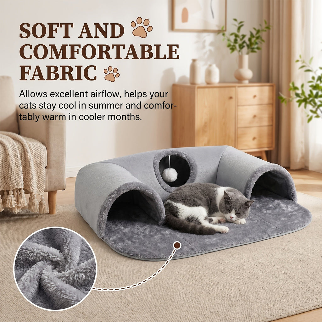 Detachable Cat Tunnel Bed with Plush Lounge and Hanging Pom-Pom Ball, S and M Indoor Cat Nest with Optional Glow-in-the-Dark Stars and Moon