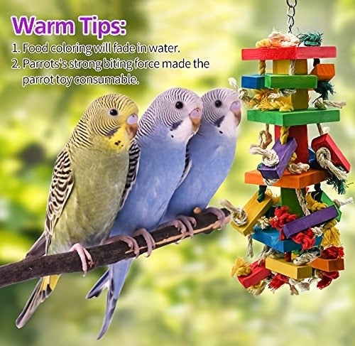 Wooden Bird Chew Toys with Colorful Blocks, Hanging Parrot Cage Enrichment in Six Styles for Supervised Chewing and Everyday Play