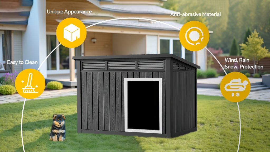 Dog House for Large Dogs Outdoor, All-Weather Resin Dog Shelter with Lift-Up Slant Roof and Ventilation Louvers, Windproof Rainproof UV-Resistant, 2 Sizes in Black or Gray