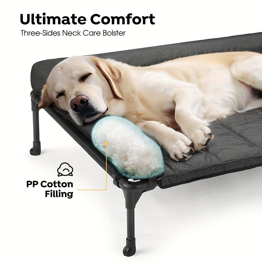 Elevated Dog Bed with Removable Pillow-Top Mat, Three-Sided Bolster Pet Cot with Breathable Teslin Mesh, Steel Frame and Non-Slip Feet in Four Sizes
