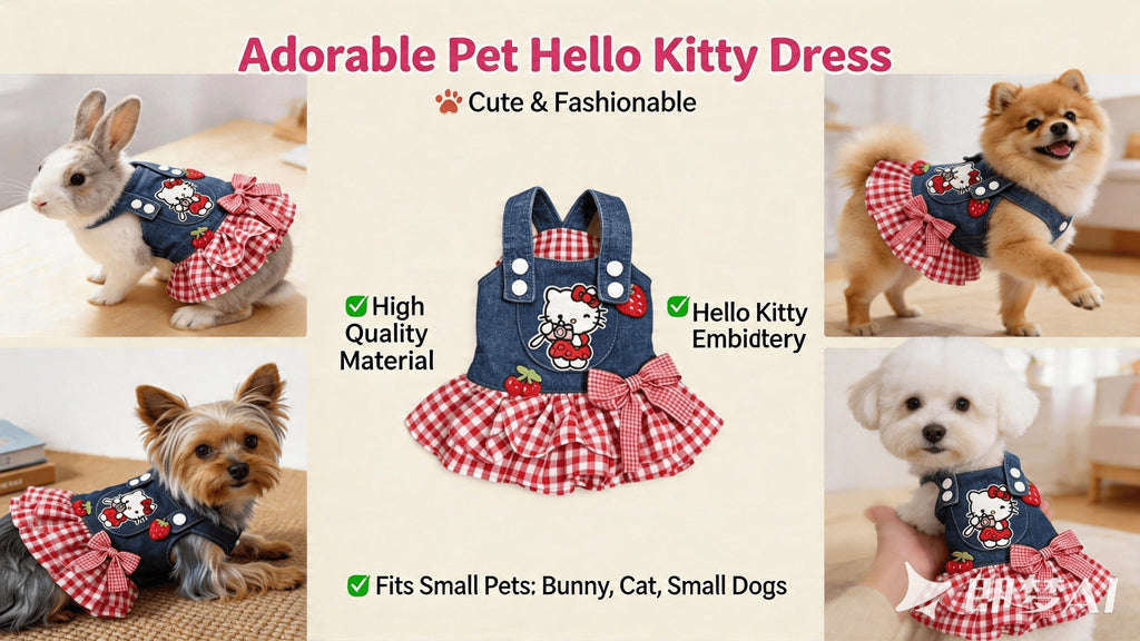Denim Plaid Dog Dress for Small Dogs and Cats, Red Checkered Bow and Strawberry Appliques, Pleated Pet Party Outfit in XS to XL