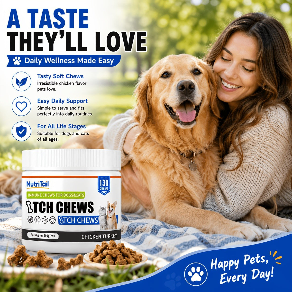 Pet Skin Care Chews for Dogs and Cats, NutriTail 200g Skin Chews with 130-Count Labeling, Probiotic and Quiet Moment Options for Daily Care