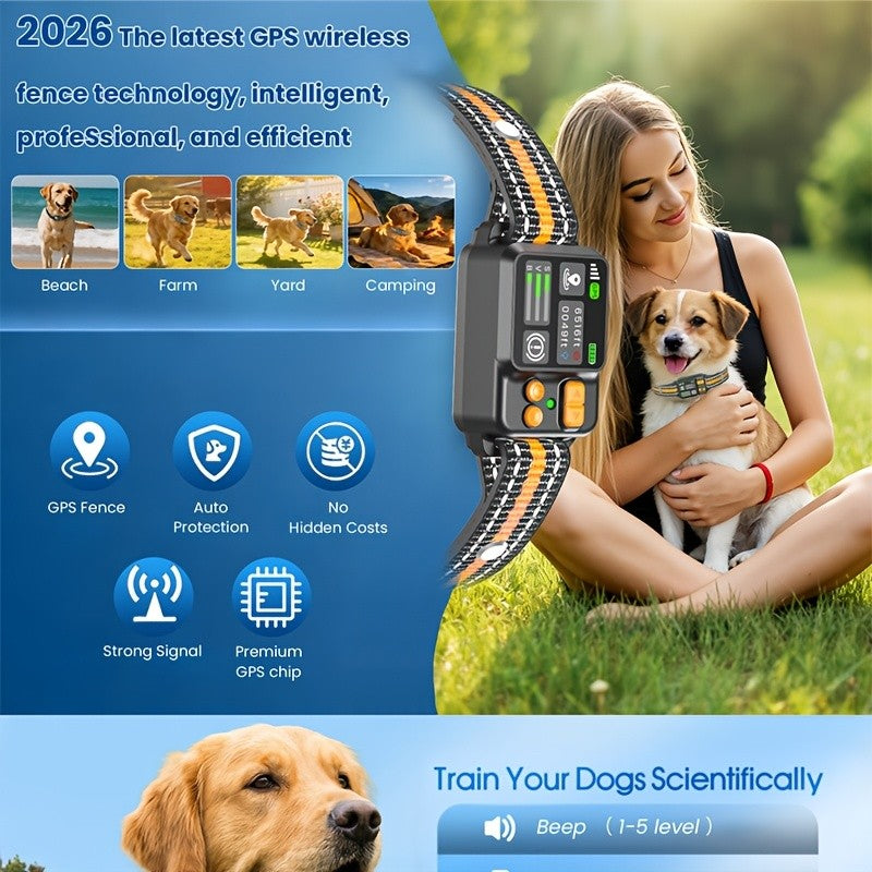 Wireless GPS Dog Fence with Circular Boundary Mode, Orange Rechargeable Dog Collar System for Supervised Outdoor Yard Training, No Buried Wires