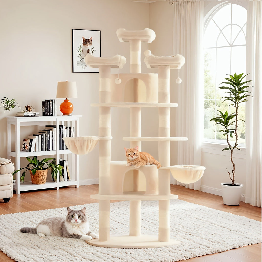 Cat Tree 73 Inch Fan-Shaped Tower for Indoor Cats with Plush Perches, Sisal Scratching Posts, Hammock and Baskets for Climbing and Rest