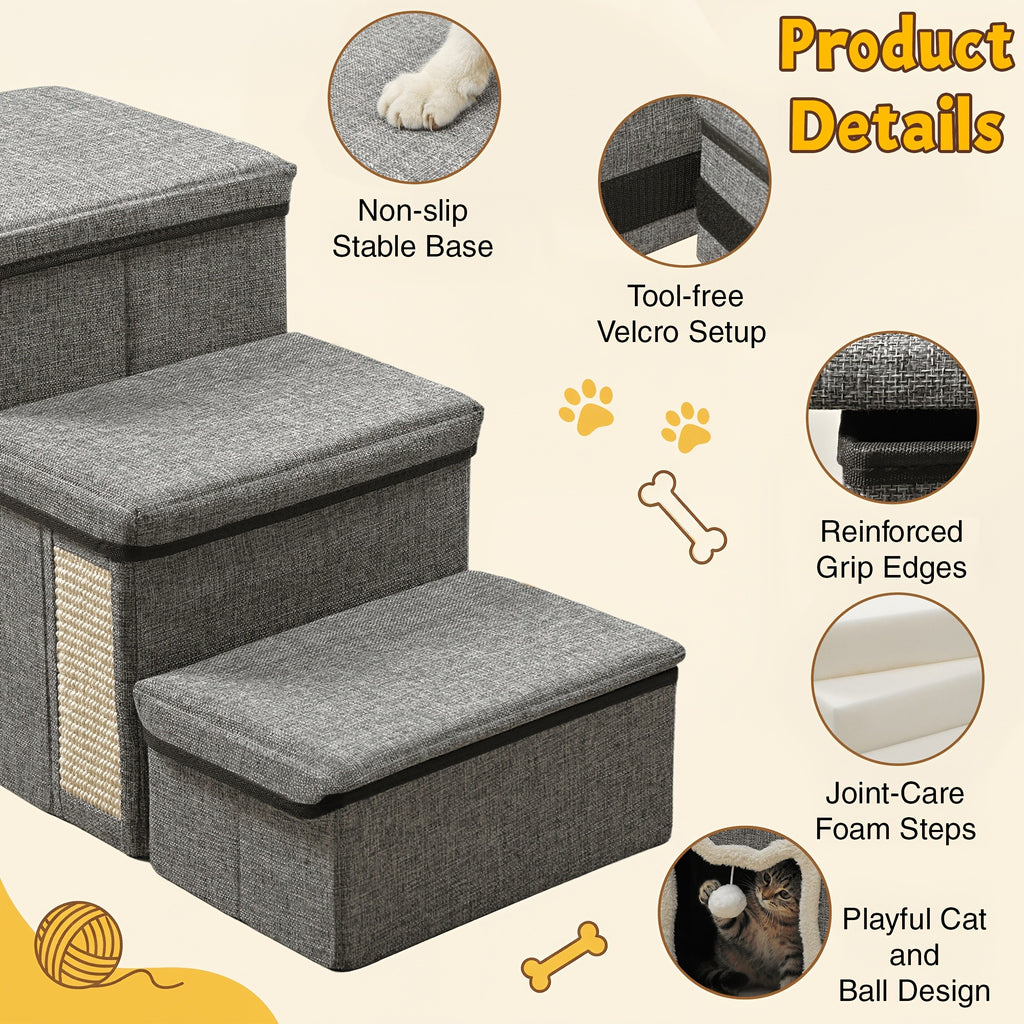 Pet Stairs with Storage for Bed and Sofa, Soft Cushioned Non-Slip Dog and Cat Steps in 2, 3 or 4 Tiers with Side Pocket or Grab Bar Style Options