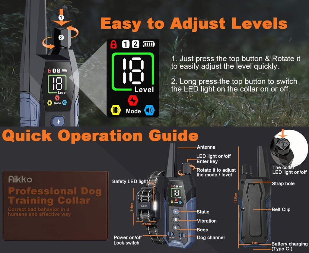 Dog Training E Collar with Security Lock, Remote Beep, Vibration and Static Modes, Orange, Blue or Green Options for 1 or 2 Dogs