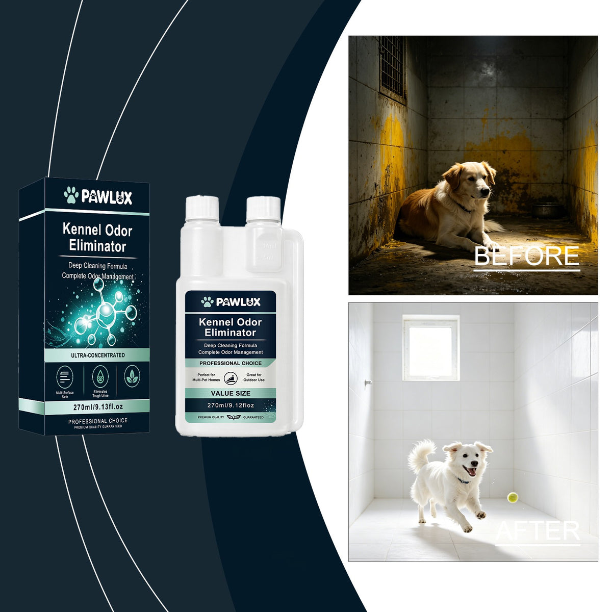 Dog Kennel Deodorizer 270ml for Dog and Cat Areas, Non-Enzymatic Pet Odor Removal Formula for Household Spaces and Kennel Cleaning Routines