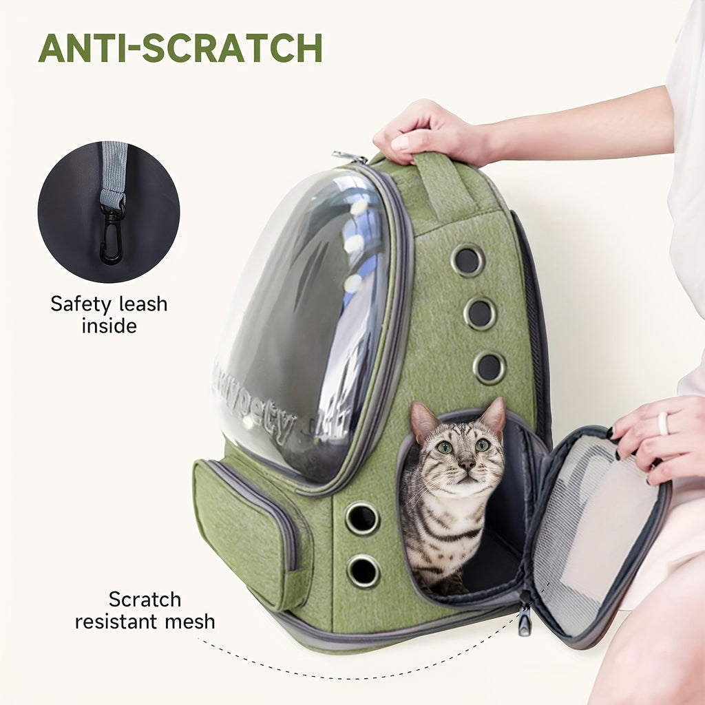 Oxford Cat Backpack Carrier with Pet Collar, Breathable Travel Bag for Small to Medium Cats and Dogs, Safety Zippers and Durable Straps, Green Gray or Khaki
