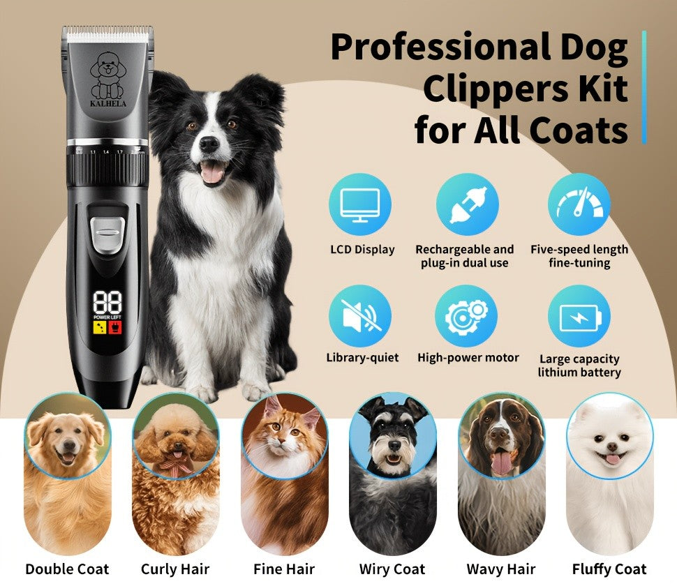 Rechargeable Dog Grooming Clippers Kit, Cordless Low-Noise Pet Hair Trimmer with Scissors and Comb for Small and Large Dogs and Cats