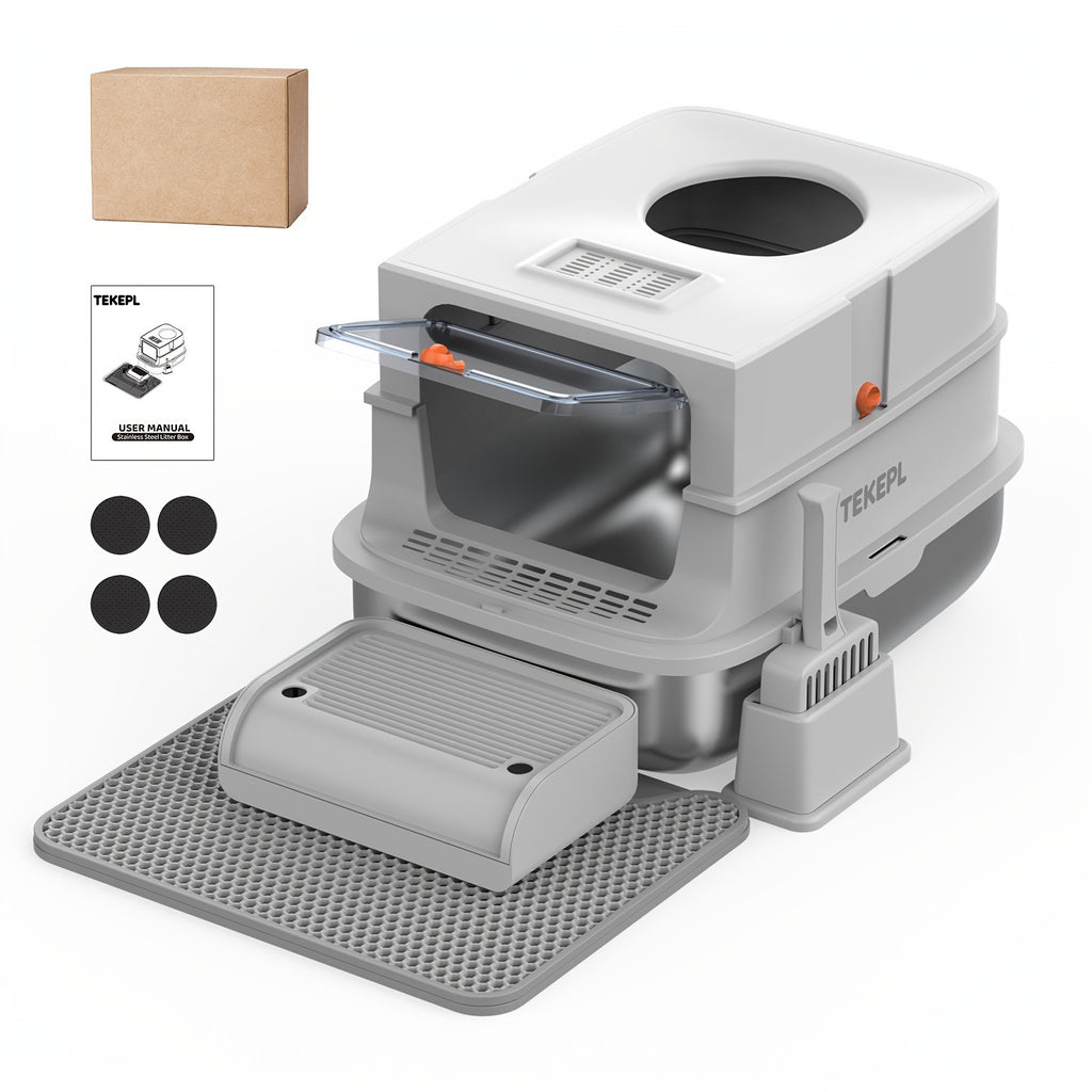 Modular Stainless Steel Cat Litter Box with Lid, Extra Large High-Sided Enclosed or Semi-Open Cat Toilet with Step, Mat and Scoop