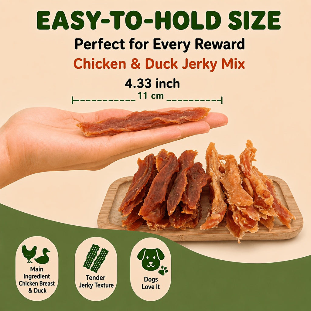 Dog Training Treats Chicken & Duck Jerky Mix, Air-Dried Meat Strips in 102g or 150g Packs for Everyday Rewards, Walks and Practice