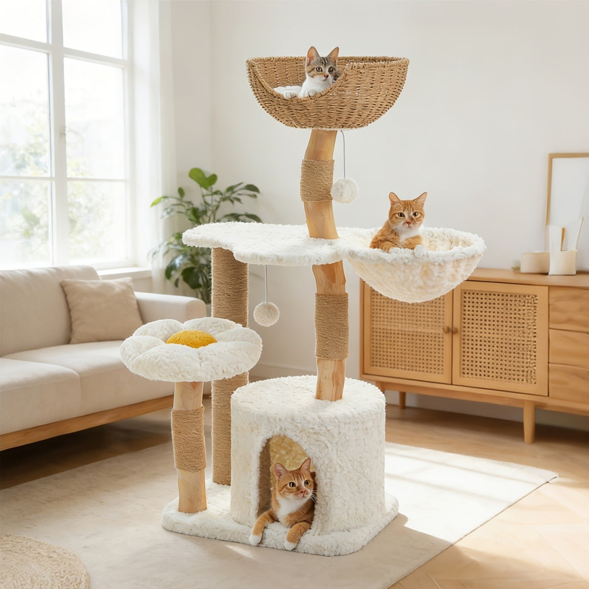 Flower Cat Tree with Floral Perches and Scratching Posts, Wooden Bohemian Indoor Cat Tower Furniture in White and Brown Style Options