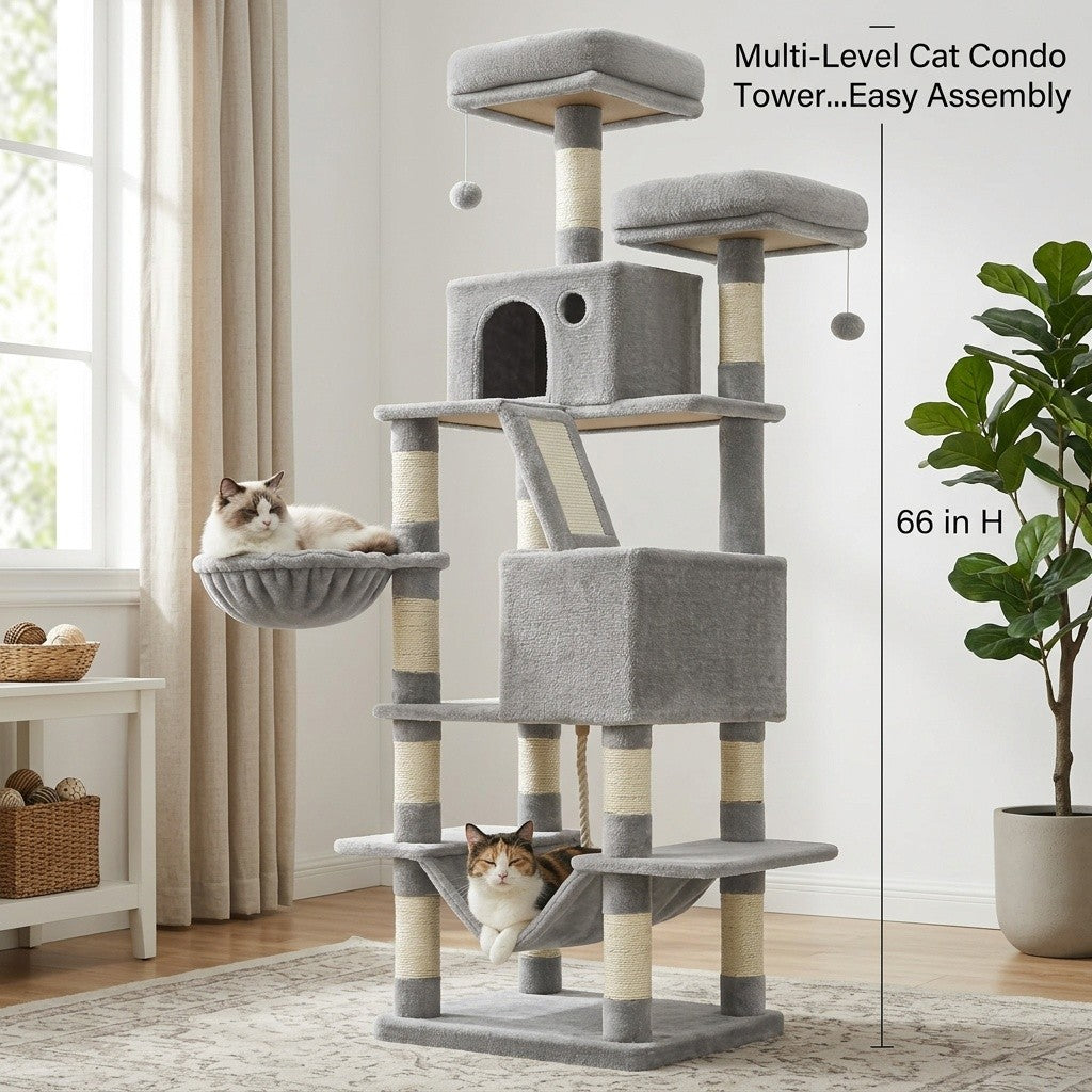 Multi-Level Cat Condo Tower with Cave and Plush Hammock, Sisal Scratching Features and Perches for Indoor Rest and Play, 44 66 or 79 Inch Options