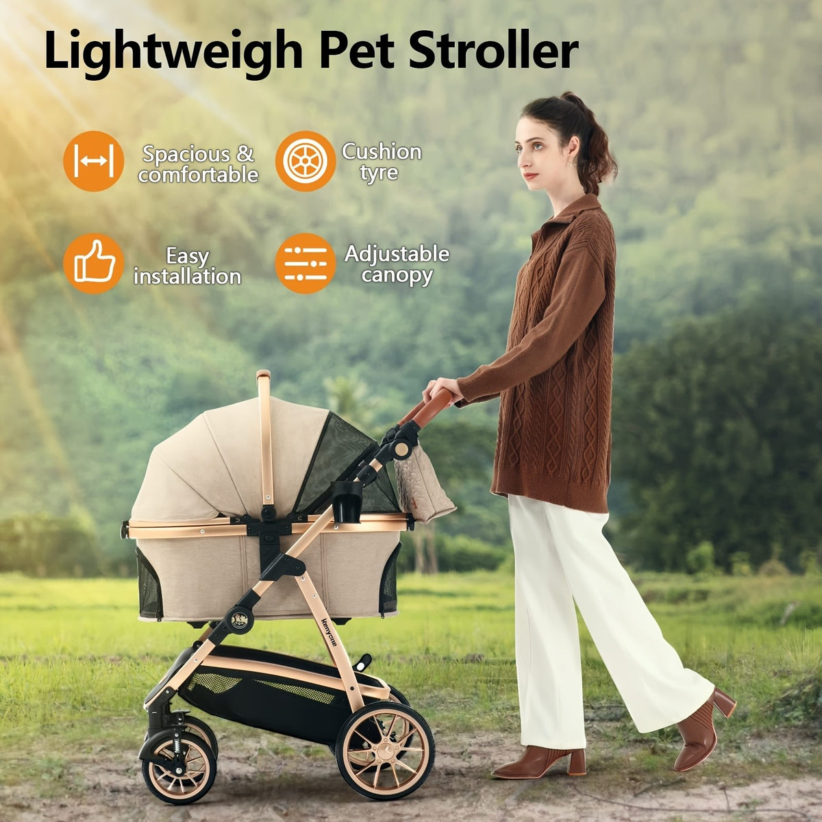 Dog Stroller with Detachable Carrier, Foldable Aluminum Pet Pushchair with No-Zip Entry, Rubber Wheels and Washable Liner for Small Dogs and Cats
