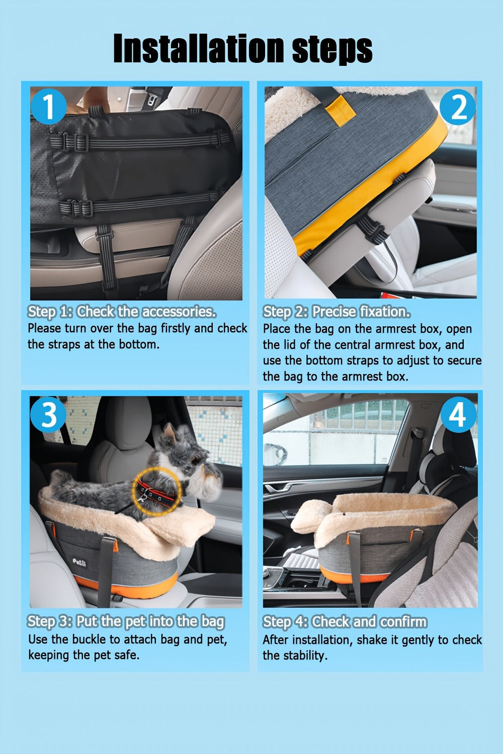 Center Console Dog Car Seat for Small Dogs and Cats up to 10 lbs, Plush-Lined Armrest Pet Travel Bag with Carry Straps, Khaki or Dark Gray