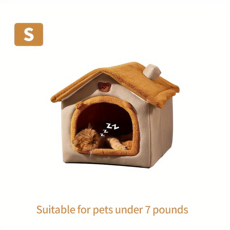 Cat House Bed with Cabin-Style Roof, Detachable Washable Oxford Fabric Pet Hideaway in Three Sizes for Indoor Cats and Small Dogs