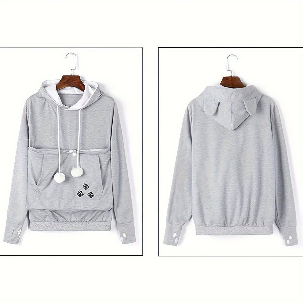 Pet Carrier Hoodie with Kangaroo Pouch for Cats and Small Dogs, Unisex Light Grey Sweatshirt with Removable Washable Liner, Ears and Paw Print Design