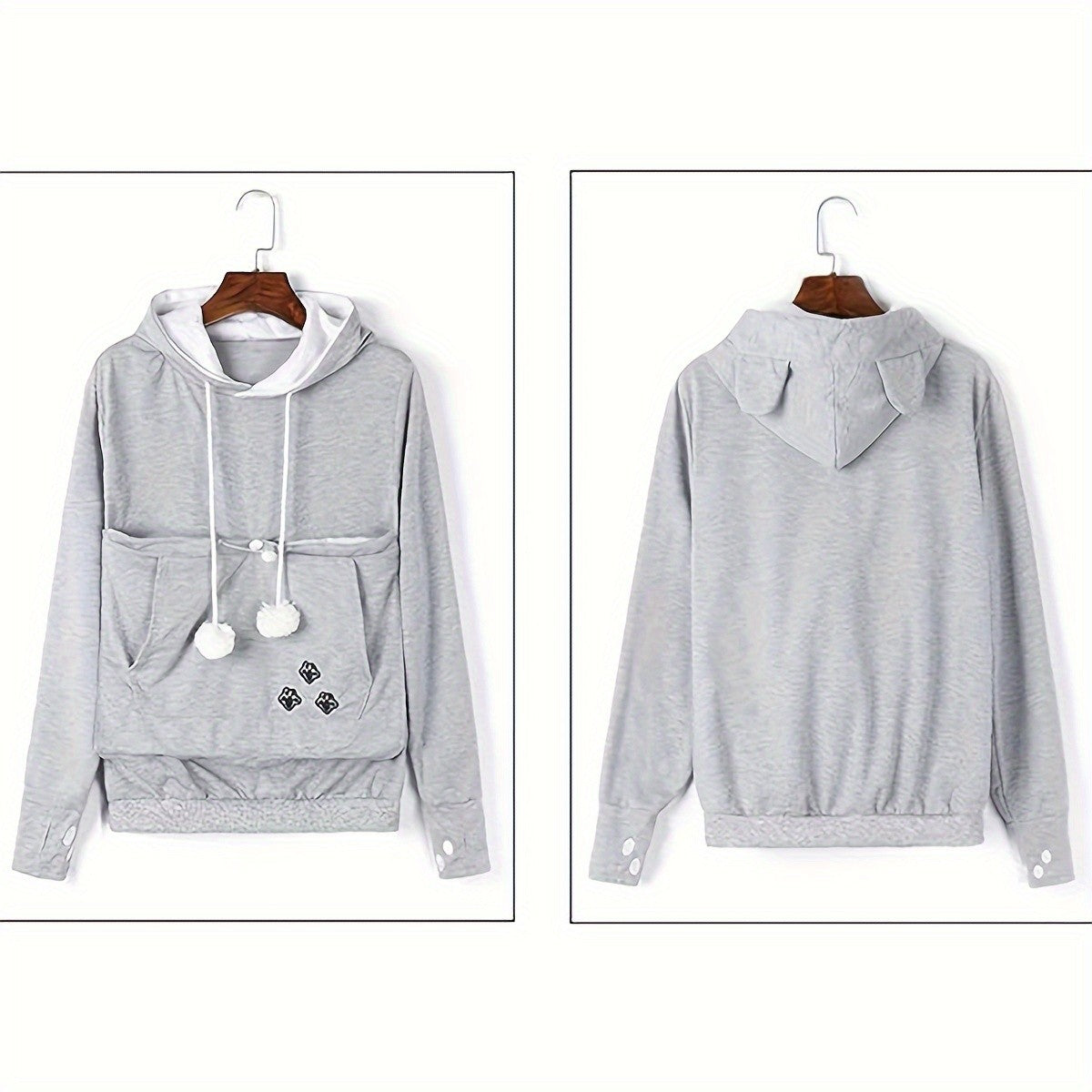 Pet Carrier Hoodie with Kangaroo Pouch for Cats and Small Dogs, Unisex Light Grey Sweatshirt with Removable Washable Liner, Ears and Paw Print Design