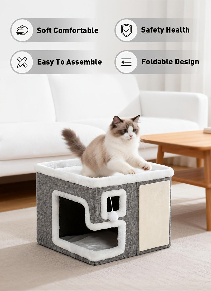 Cat House with Scratching Box, Large Light Gray 3-in-1 Indoor Cat Condo Cube with Wooden Structure and Ottoman-Style Hideaway for Sleep and Play