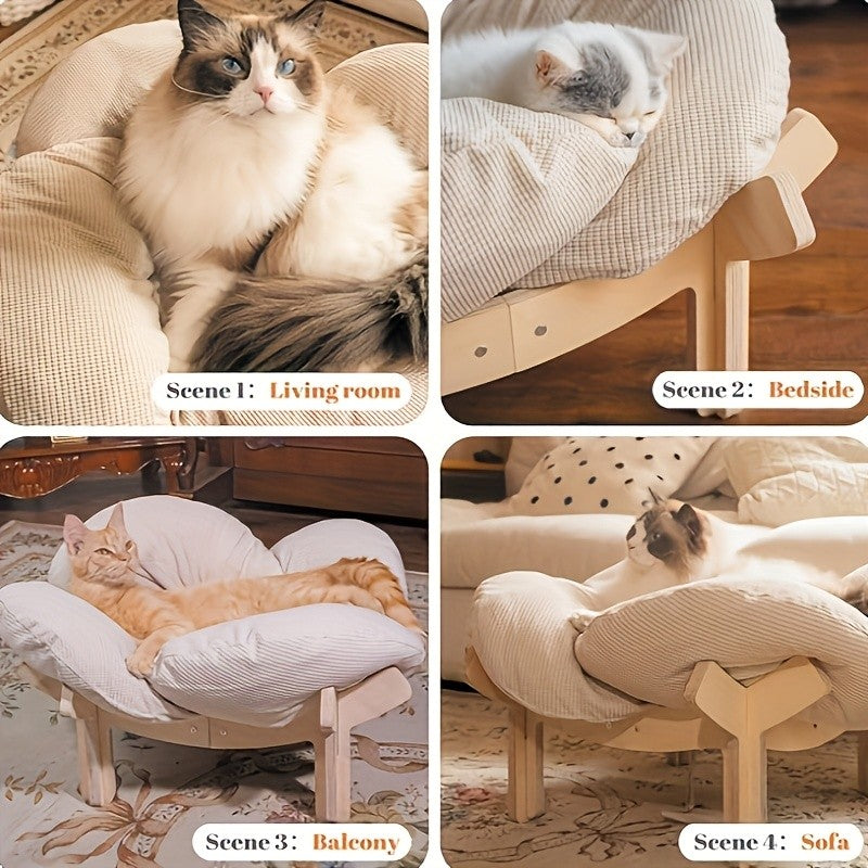 Elevated Cat Bed with Heart-Shaped Wooden Frame and Soft Cushion, Raised Indoor Pet Sofa for Cats and Small Dogs in Pink, Apricot or Light Blue