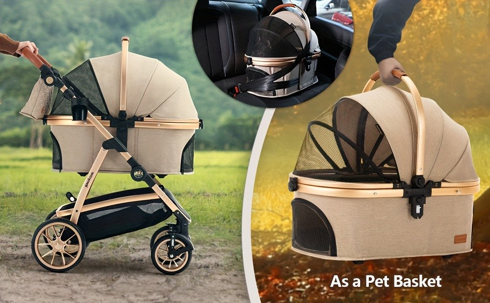 Dog Stroller with Detachable Carrier, Foldable Aluminum Pet Pushchair with No-Zip Entry, Rubber Wheels and Washable Liner for Small Dogs and Cats