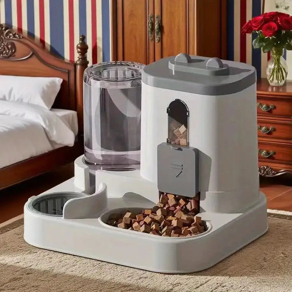 Pet Feeder and Water Dispenser Combo with Cat-Ear Lid, Visible Dry Food Window and Siphon Water Bottle for Cats and Small Dogs, Three Color Options