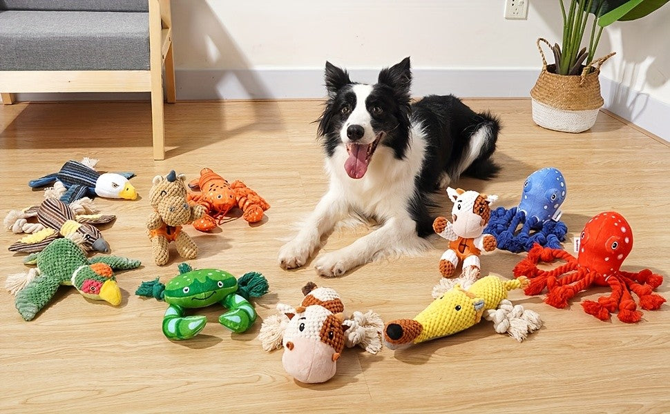 Cow Dog Toy with Knotted Rope Legs, 8-Inch Squeaky Crinkle Plush Pet Toy for Supervised Gentle Tug of War, Fetch and Interactive Puppy Play