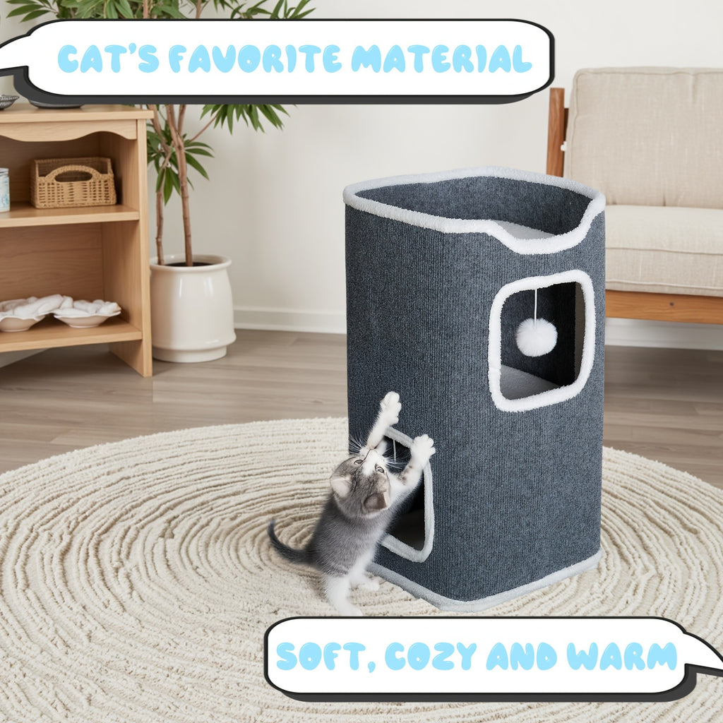 Cat Hideaway Tower with Felt Exterior and Particle Board Frame, Indoor Cat Condo Furniture in One, Three or Four Layers with Optional Bell Ball Bundles