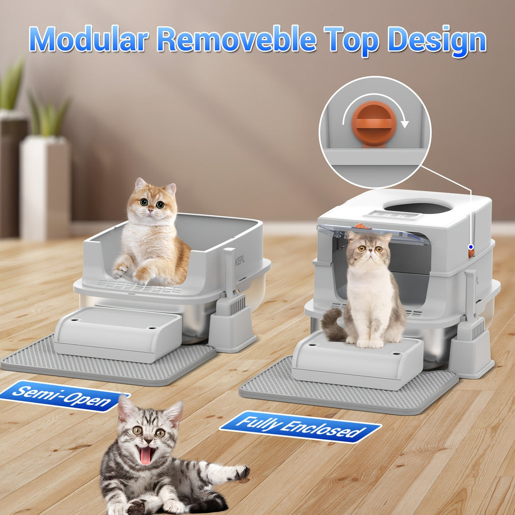 Modular Stainless Steel Cat Litter Box with Lid, Extra Large High-Sided Enclosed or Semi-Open Cat Toilet with Step, Mat and Scoop