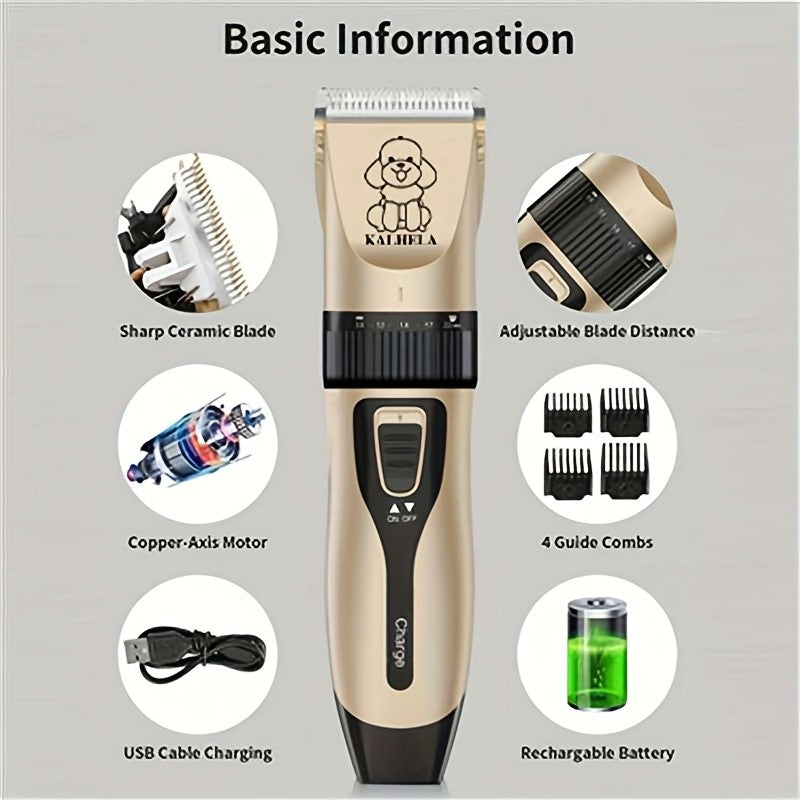 Electric Pet Clippers for Dogs and Cats, Rechargeable Low-Noise Hair Trimmer for At-Home Grooming with Three Gold Grooming Set Options