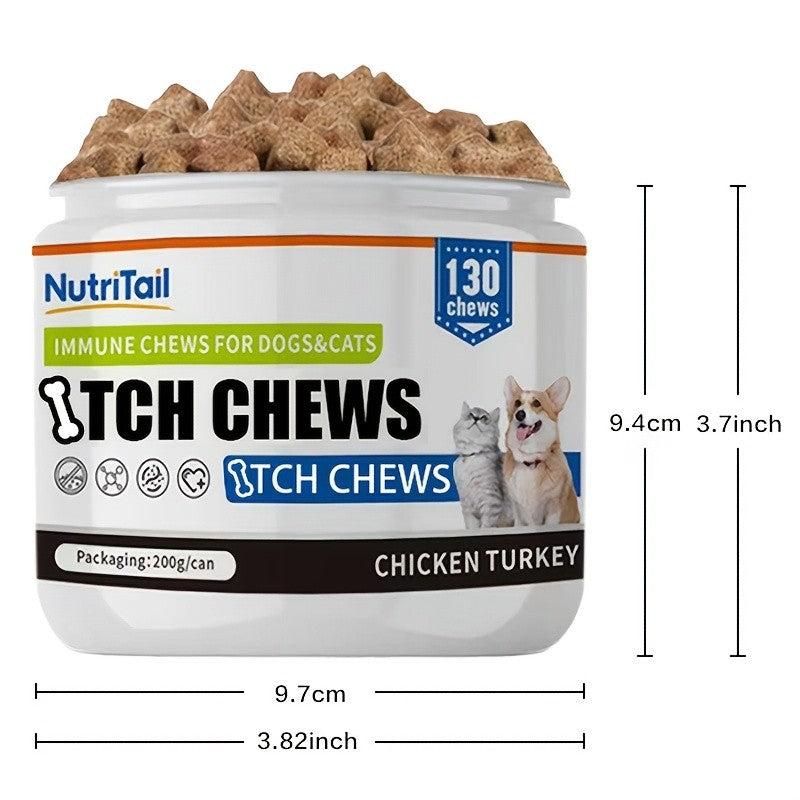 Pet Skin Care Chews for Dogs and Cats, NutriTail 200g Skin Chews with 130-Count Labeling, Probiotic and Quiet Moment Options for Daily Care