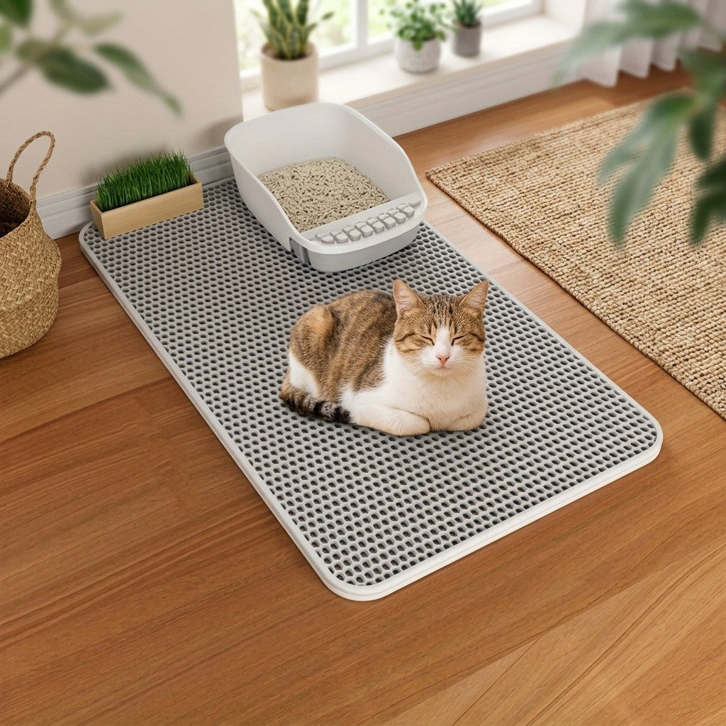 Double-Layer Honeycomb Cat Litter Mat, Washable Litter Box Scatter Catcher in Three Sizes and Light Gray, Dark Gray or Black for Indoor Cat Cleanup