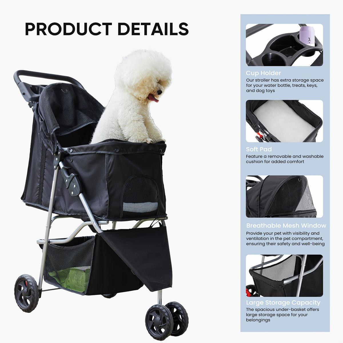3-in-1 Pet Stroller in Black for Small and Medium Dogs and Cats, Lightweight Foldable Pushchair with Storage Basket and Cup Holder for Walks and Vet Visits