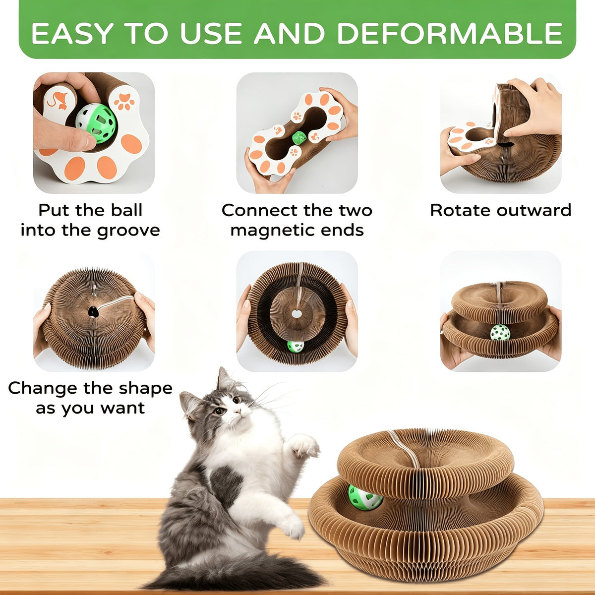 Expandable Cat Scratcher Toy 2-Pack, Curly Corrugated Cardboard Scratching Board with Ball for Indoor Cats, Retractable Scratch Pad for Daily Play