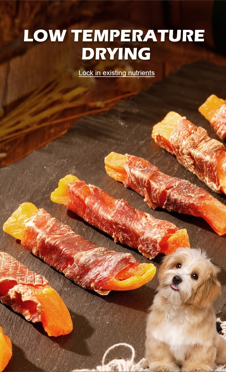 Dog Treats with Chicken and Duck Wrapped Sweet Potato Fries, 100g / 3.53 oz Meat-Wrapped Snack Strips for Supervised Training Rewards and Daily Treat Time
