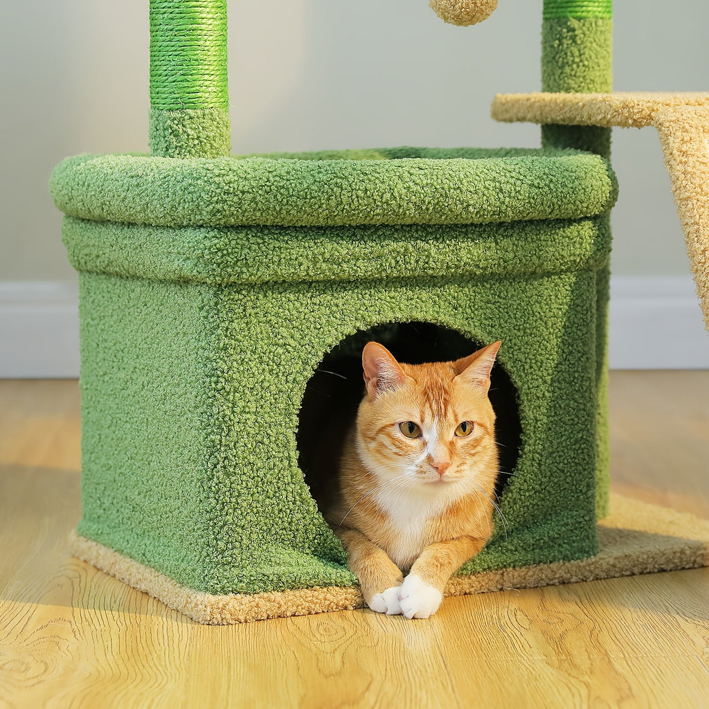 Cat Tree with Wide Perch and Condo, Modern Wood Cat Tower with Sisal Scratching Posts and Pad for Large Adult Indoor Cats and Compact Living Spaces