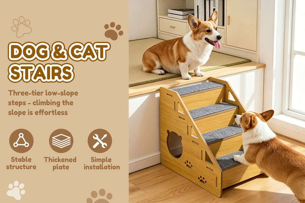 4-Step Dog Stairs for Small Dogs and Cats, Khaki Pet Steps with Non-Slip Treads and Paw Cutout Side Panels for Bed and Couch Access