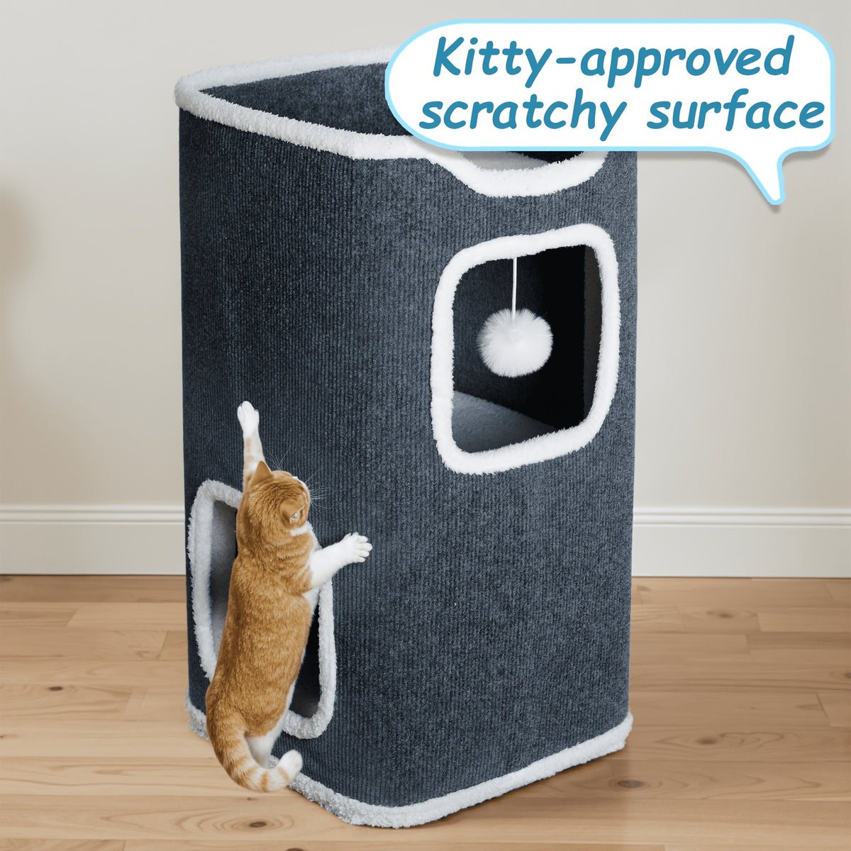 Cat Hideaway Tower with Felt Exterior and Particle Board Frame, Indoor Cat Condo Furniture in One, Three or Four Layers with Optional Bell Ball Bundles