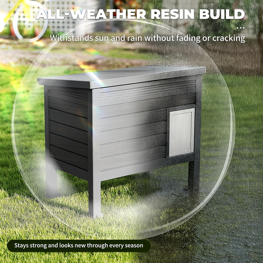 Cat House with Openable Doors, Black Resin Indoor and Sheltered Outdoor Cat Shelter, Easy-Clean Resting Space, 31.02 x 19.09 x 26.73 Inches