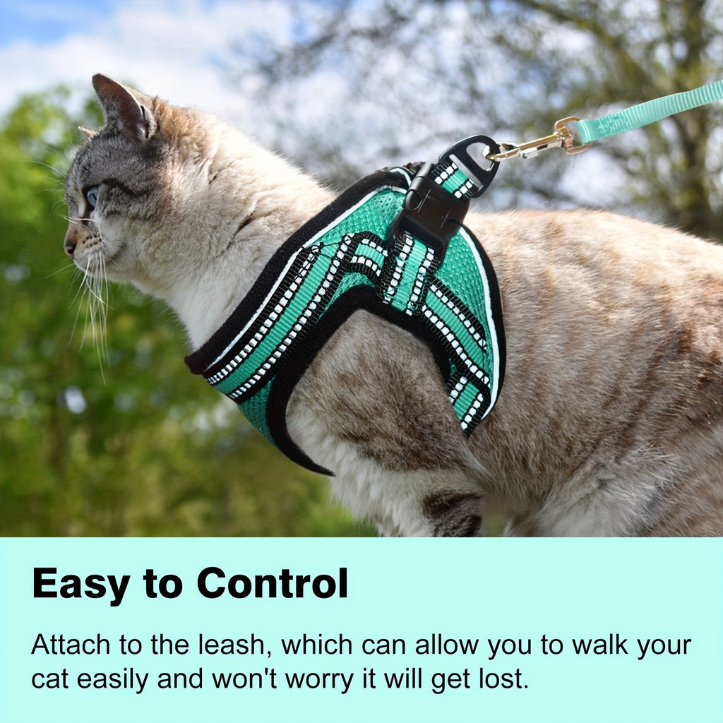 Cat Harness and Leash Set with Reflective Strip, Adjustable Soft Vest for Supervised Kitten and Cat Walks, S or M in Five Color Options