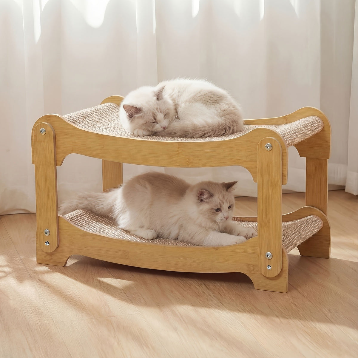 Cat Bunk Bed with Sisal Scratching Surfaces, Wooden Double-Decker Indoor Cat Lounger with Two Open Resting Levels, Large Size