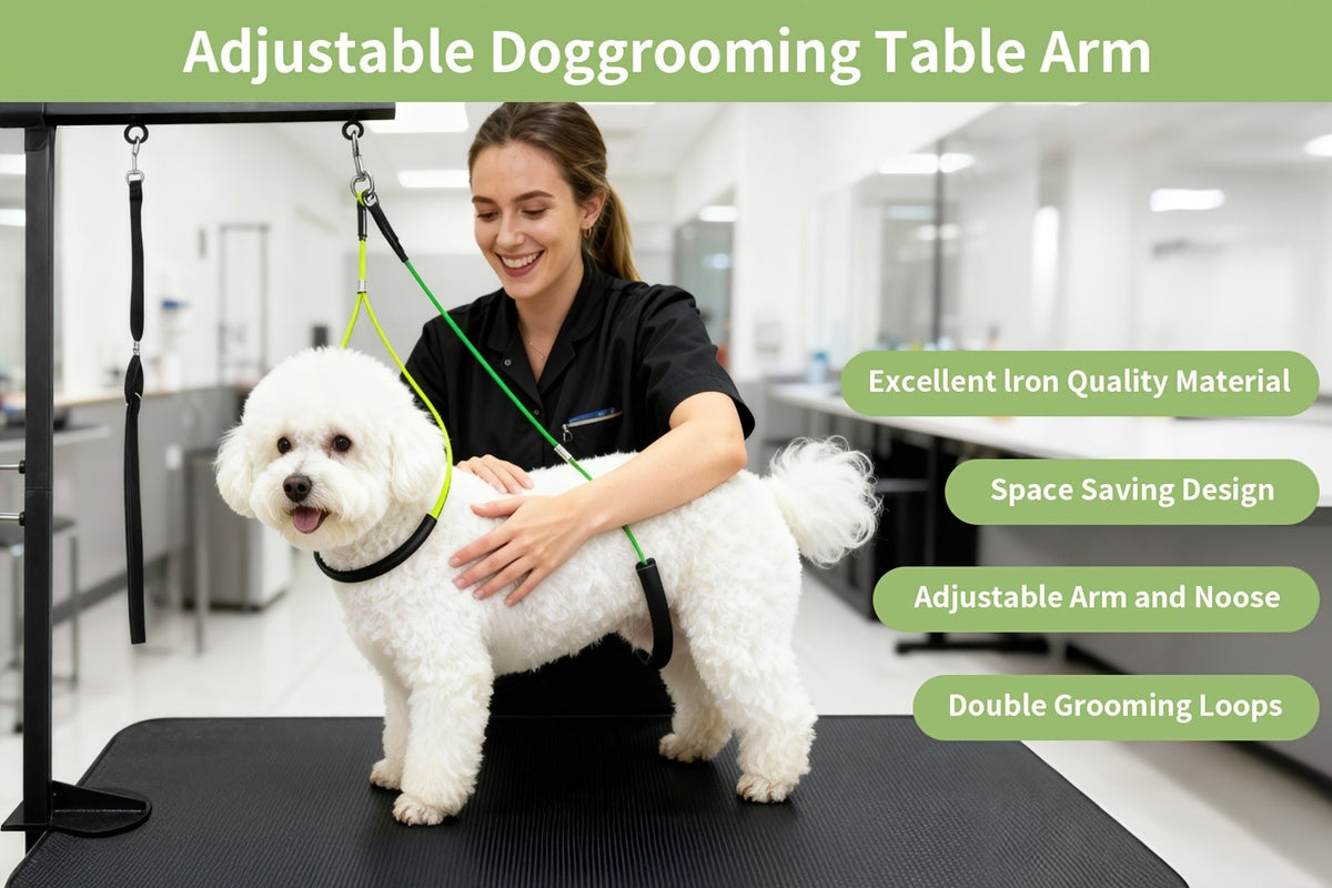 Dog Grooming Table Arm, Black Foldable Pet Grooming Stand with Adjustable Table Clamp and Restraint Loops for Small and Medium Dogs, Table Not Included