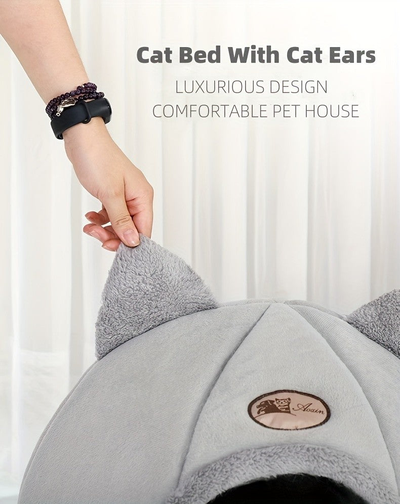 Cat Cave Bed with Cute Cat Ears for Indoor Cats and Kittens, Gray Enclosed Sleeping House with Rounded Entrance for Quiet Naps